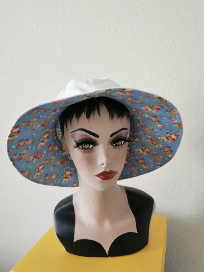 Ladies Summer Hat Wide Brim Flower Floppy Sun Hat Reversible Pink Blue Cotton Handmade