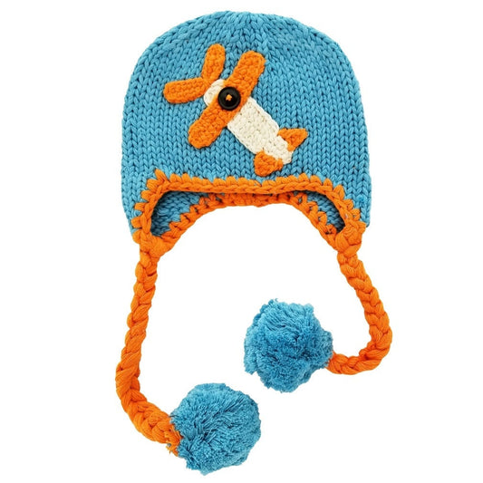 Kids Airplane Hat with Earflaps - Sky Blue Cotton Beanie - Hand Knit Winter Hat - Pom Pom Ties - Boys Girls Aviation - 2-6 Years - Handmade