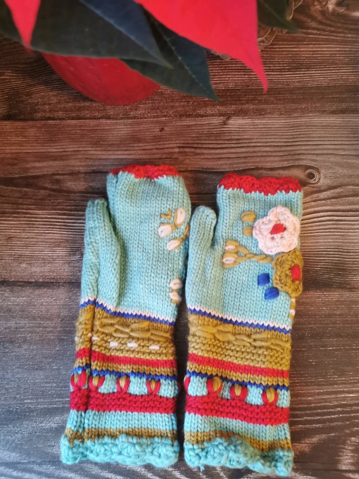 Floral Fingerless Gloves - Knitted Arm Warmers - Winter Hand Warmers - Floral Mittens - Wool Wrist Warmers - Boho Knit Mitts
