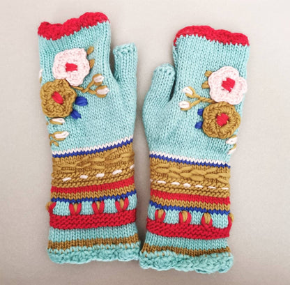 Floral Fingerless Gloves - Knitted Arm Warmers - Winter Hand Warmers - Floral Mittens - Wool Wrist Warmers - Boho Knit Mitts