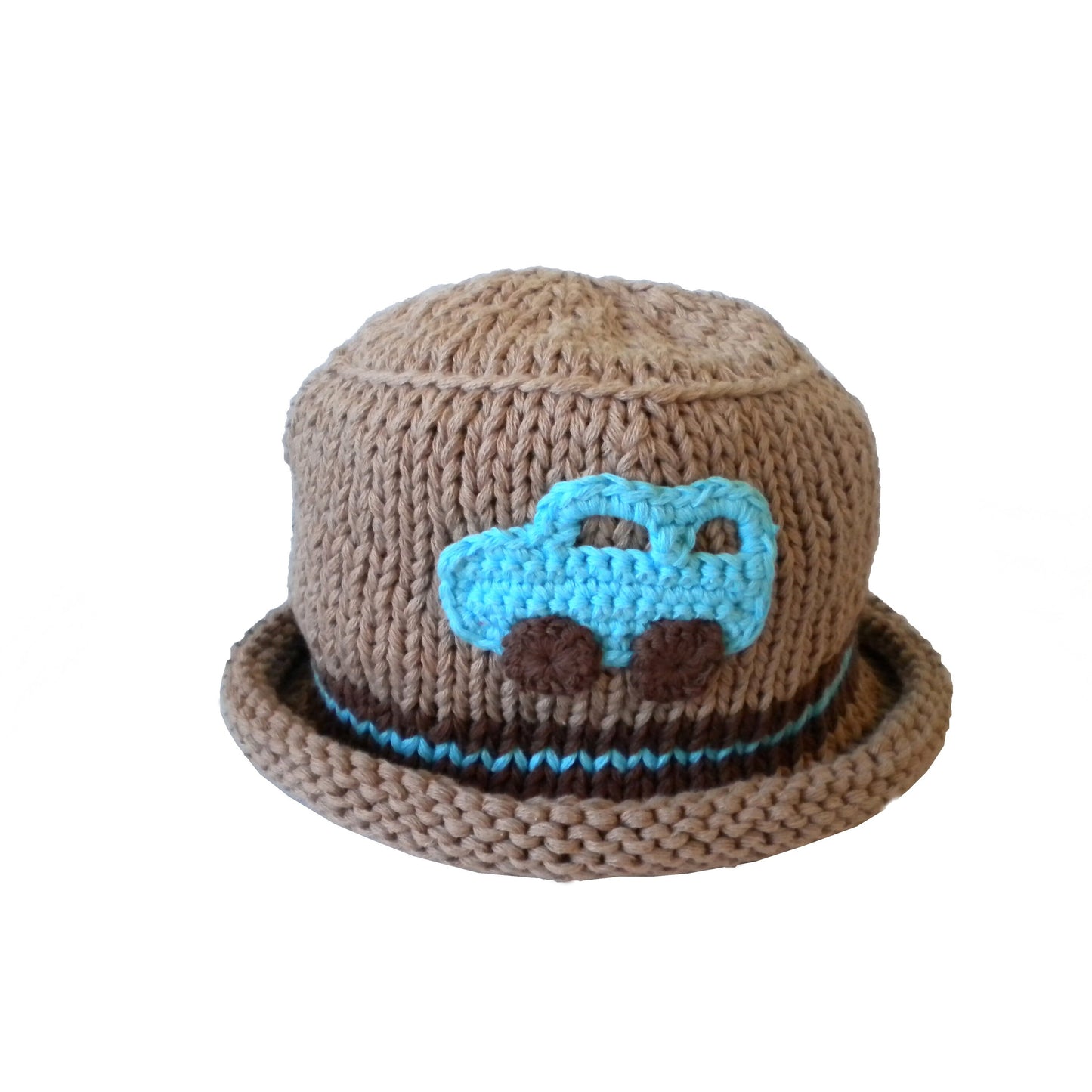 Knitted Children Baby Bucket Hat Brown with Blue Car