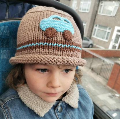 Knitted Children Baby Bucket Hat Brown with Blue Car