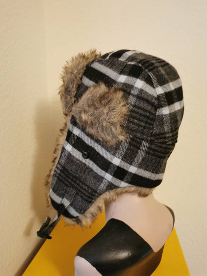 Ladies Checked Trapper Hat with faux fur trim