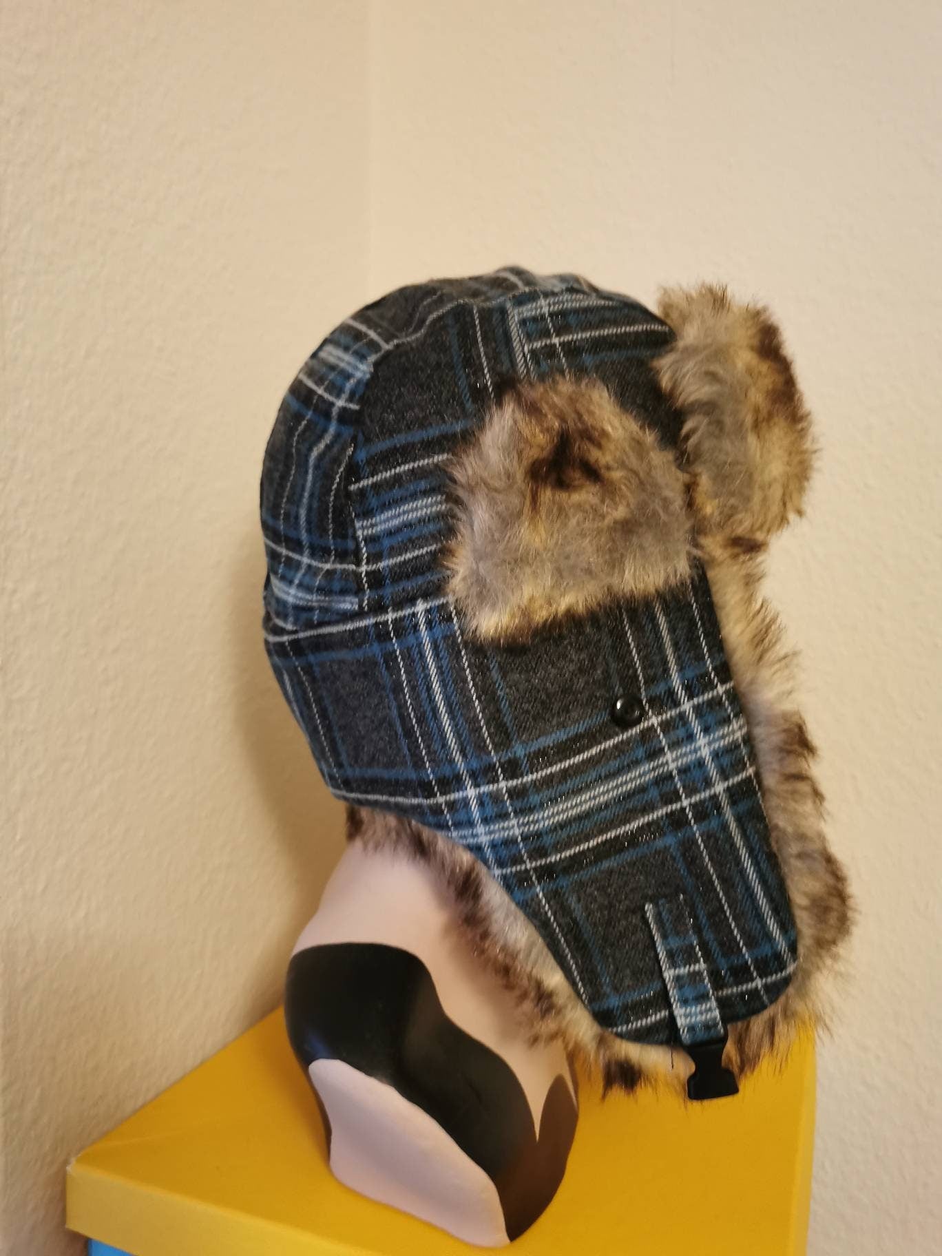 Ladies Checked Trapper Hat with faux fur trim