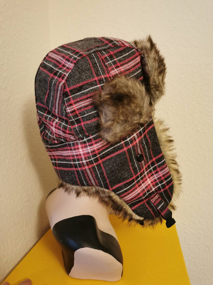Ladies Checked Trapper Hat with faux fur trim