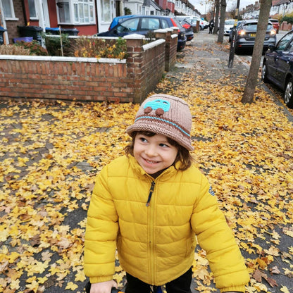 Knitted Children Baby Bucket Hat Brown with Blue Car
