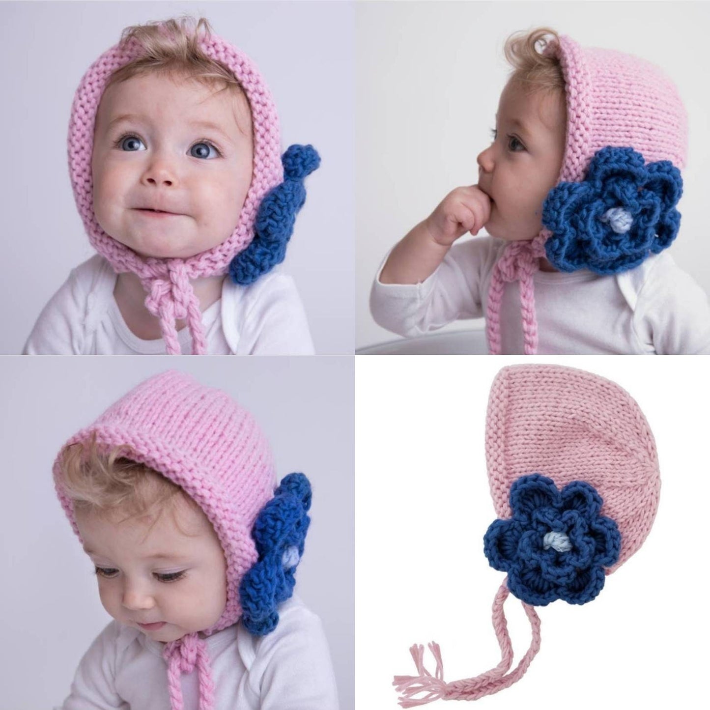 Hand Knit Pink Bonnet Hat with Big Flower 6-24 months