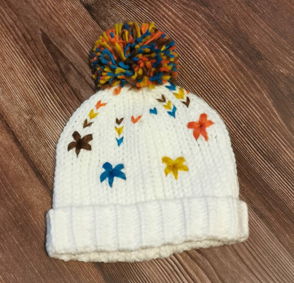 Winter Girls Hat with crochet flowers Rainbow Pom Pom