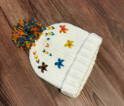 Winter Girls Hat with crochet flowers Rainbow Pom Pom