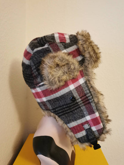 Ladies Checked Trapper Hat with faux fur trim