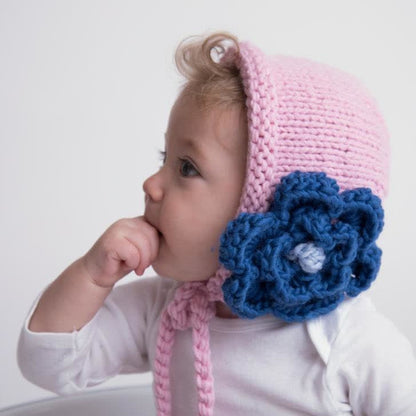 Hand Knit Pink Bonnet Hat with Big Flower 6-24 months