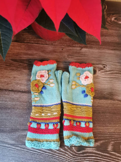 Floral Fingerless Gloves - Knitted Arm Warmers - Winter Hand Warmers - Floral Mittens - Wool Wrist Warmers - Boho Knit Mitts