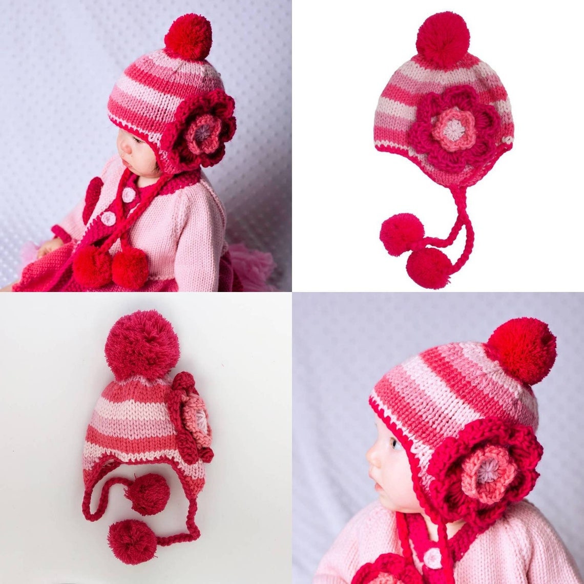 Pink Girl Hand Knit Baby Kids Floral Hat Sisters Matching Hats sizes 6 months to 6 years