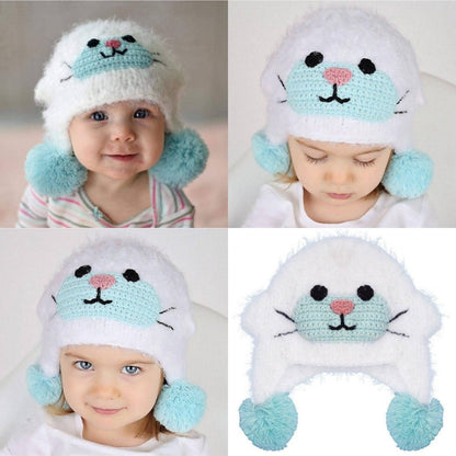White Baby Animal Beanie - Kids Knit Winter Hat - Hand Crocheted Bear Hat - Boys Girls Warm Cap - Toddler Winter Beanie - Handmade