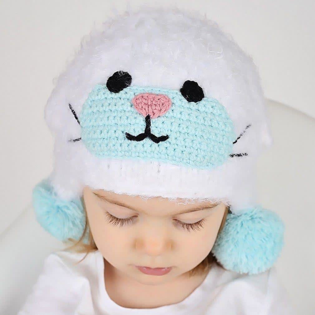 White Baby Animal Beanie - Kids Knit Winter Hat - Hand Crocheted Bear Hat - Boys Girls Warm Cap - Toddler Winter Beanie - Handmade