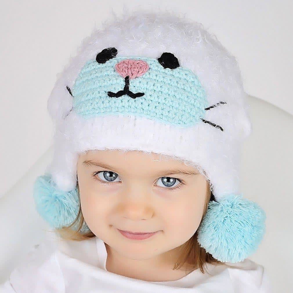 White Baby Animal Beanie - Kids Knit Winter Hat - Hand Crocheted Bear Hat - Boys Girls Warm Cap - Toddler Winter Beanie - Handmade