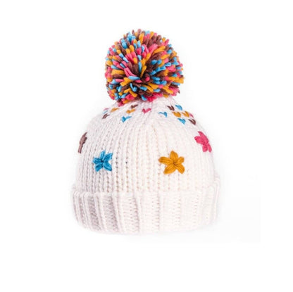 Winter Girls Hat with crochet flowers Rainbow Pom Pom