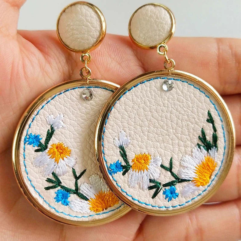 Embroidered Floral Round Statement Earrings Gold Tone