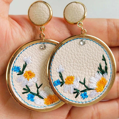 Embroidered Floral Round Statement Earrings Gold Tone