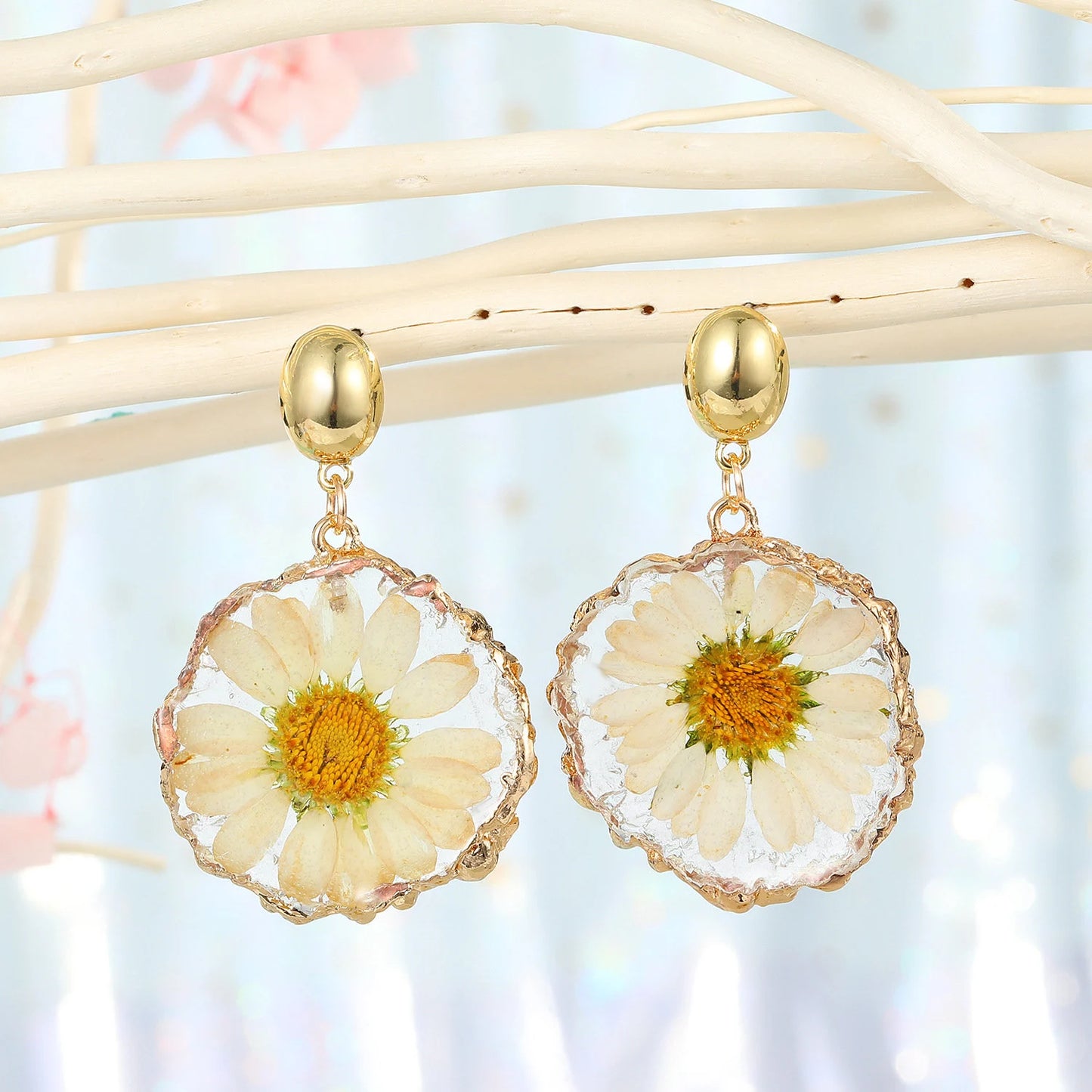 Daisy Resin Jewelry Set Necklace & Earrings Real Flower