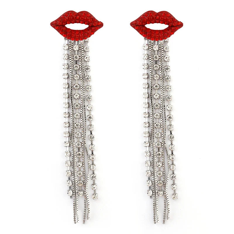 Red Lips Crystal Tassel Statement Earrings Silver Tone