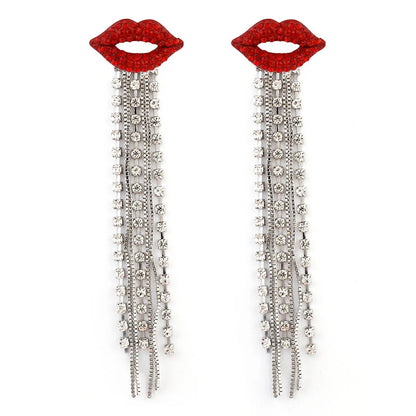 Red Lips Crystal Tassel Statement Earrings Silver Tone