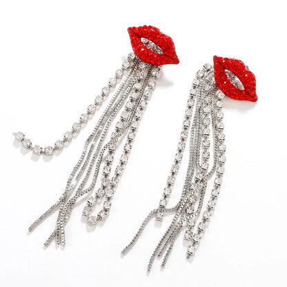 Red Lips Crystal Tassel Statement Earrings Silver Tone