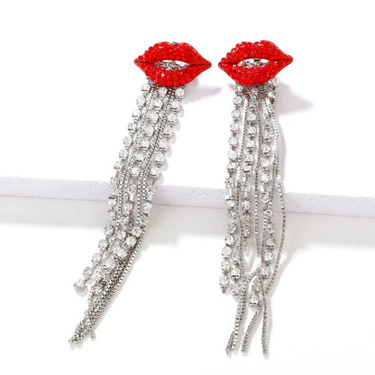 Red Lips Crystal Tassel Statement Earrings Silver Tone