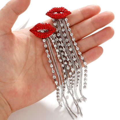 Red Lips Crystal Tassel Statement Earrings Silver Tone
