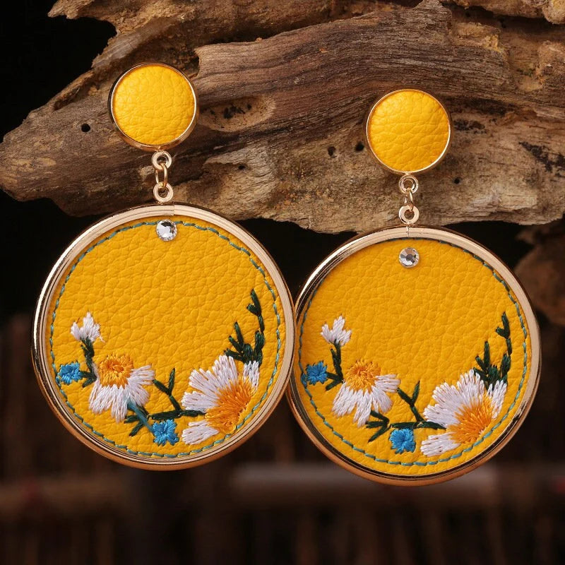 Embroidered Floral Round Statement Earrings Gold Tone