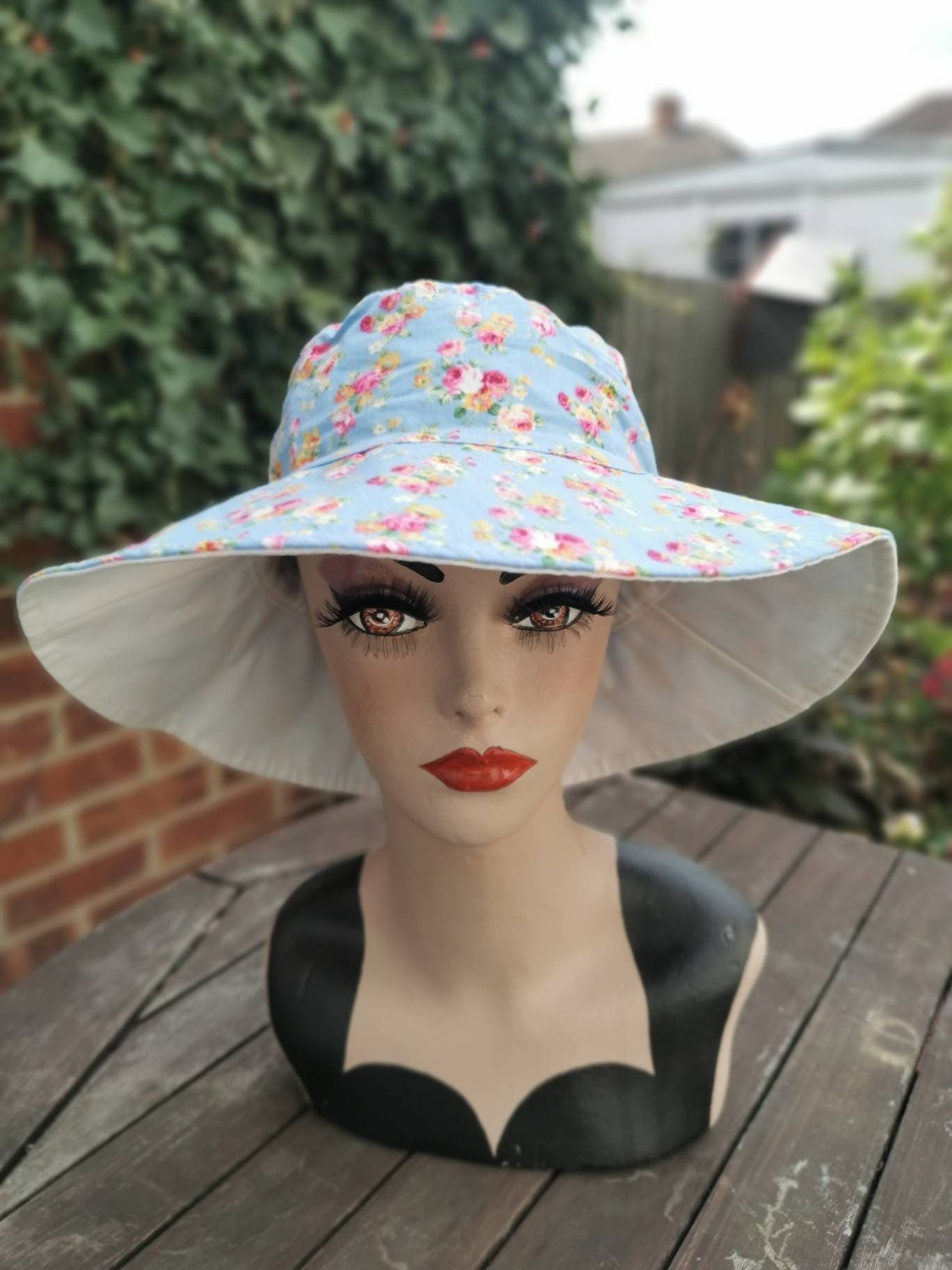 Ladies Summer Hat Wide Brim Flower Floppy Sun Hat Reversible Pink Blue Cotton Handmade