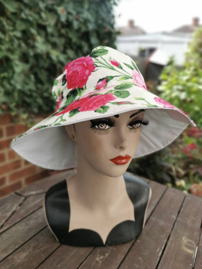 Pink Floral Rose Sumer Reversible Floppy Cotton Hat Wide Brim Hat Gardening