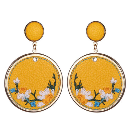 Embroidered Floral Round Statement Earrings Gold Tone