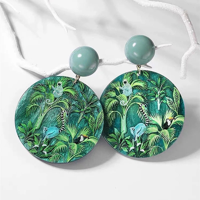 Tropical Jungle Round Statement Earrings Green