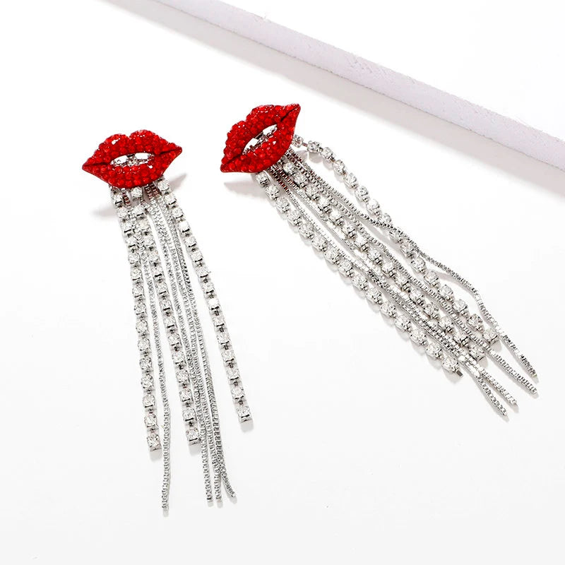 Red Lips Crystal Tassel Statement Earrings Silver Tone