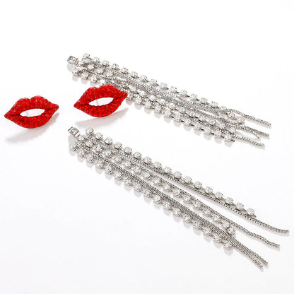 Red Lips Crystal Tassel Statement Earrings Silver Tone