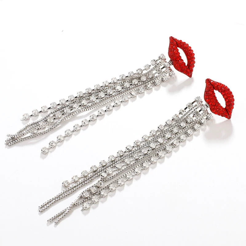 Red Lips Crystal Tassel Statement Earrings Silver Tone