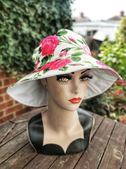Pink Floral Rose Sumer Reversible Floppy Cotton Hat Wide Brim Hat Gardening