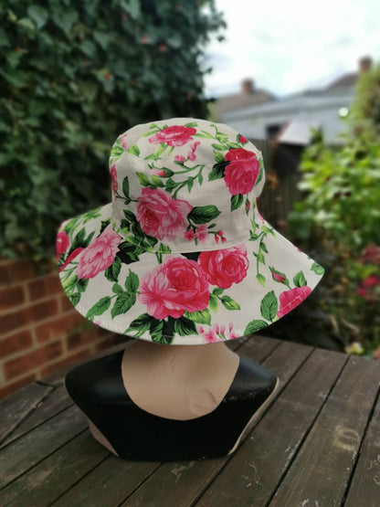 Pink Floral Rose Sumer Reversible Floppy Cotton Hat Wide Brim Hat Gardening