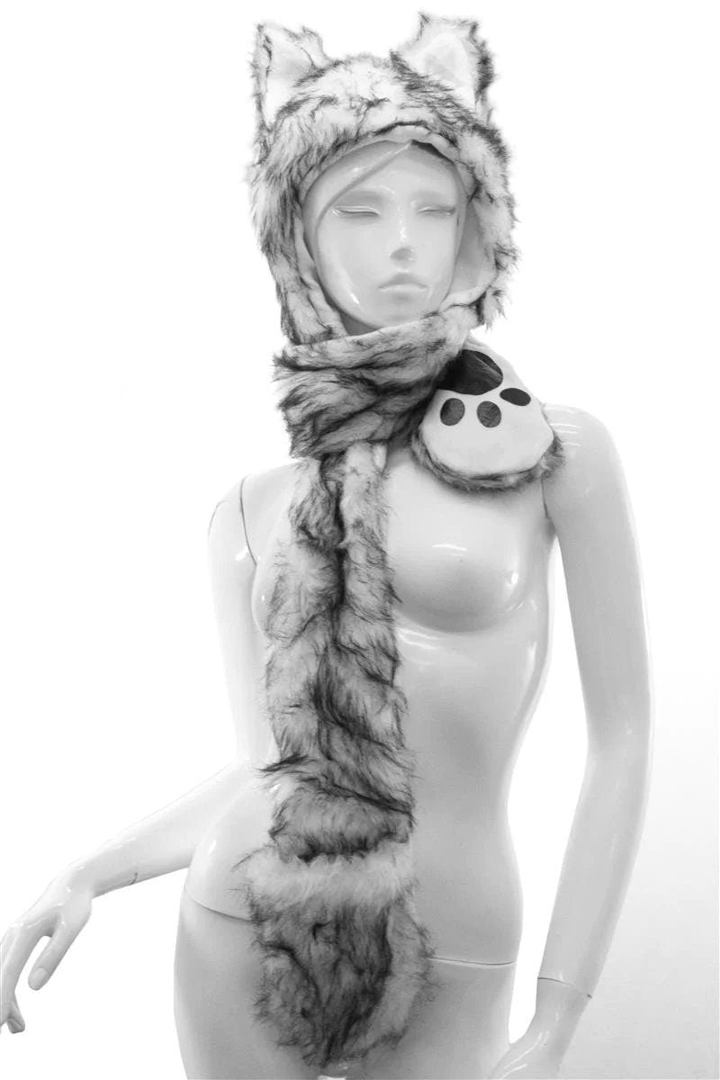 Long Faux Fur Ears Animal Hat Scarf With Pockets Woman Girl Panda Tiger Wolf Christmas gift