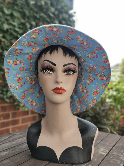 Ladies Summer Hat Wide Brim Flower Floppy Sun Hat Reversible Pink Blue Cotton Handmade