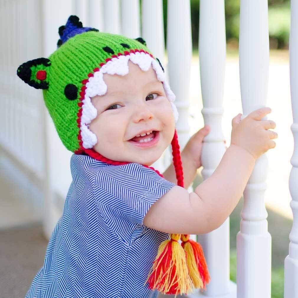 Baby Kids Hand Knit Green Dragon Beanie Hat 6-24 months
