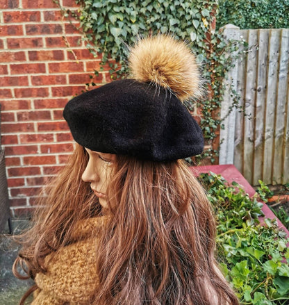 Wool beret Vintage Style with Racoon pom pom real fur