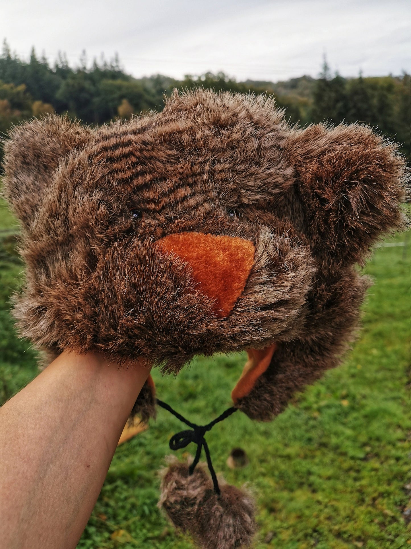 Furry Bear Hat With Pom-Poms Adults' Women Men Ladies Unisex Funny Winter