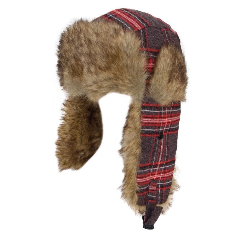 Ladies Checked Trapper Hat with faux fur trim