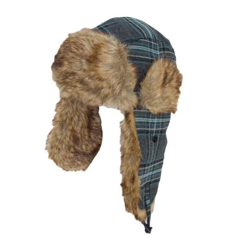 Ladies Checked Trapper Hat with faux fur trim