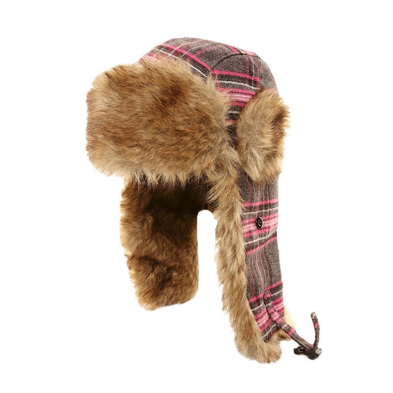 Ladies Checked Trapper Hat with faux fur trim