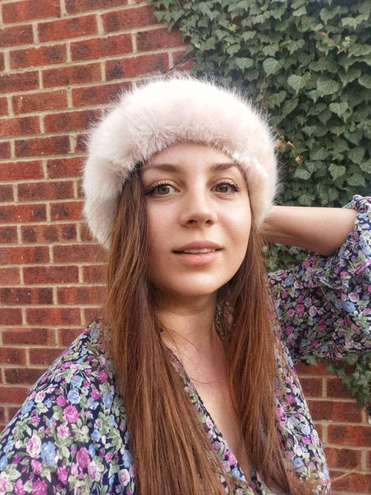 Russian Style Faux Fur Headband Hat Pale pink Christmas gift