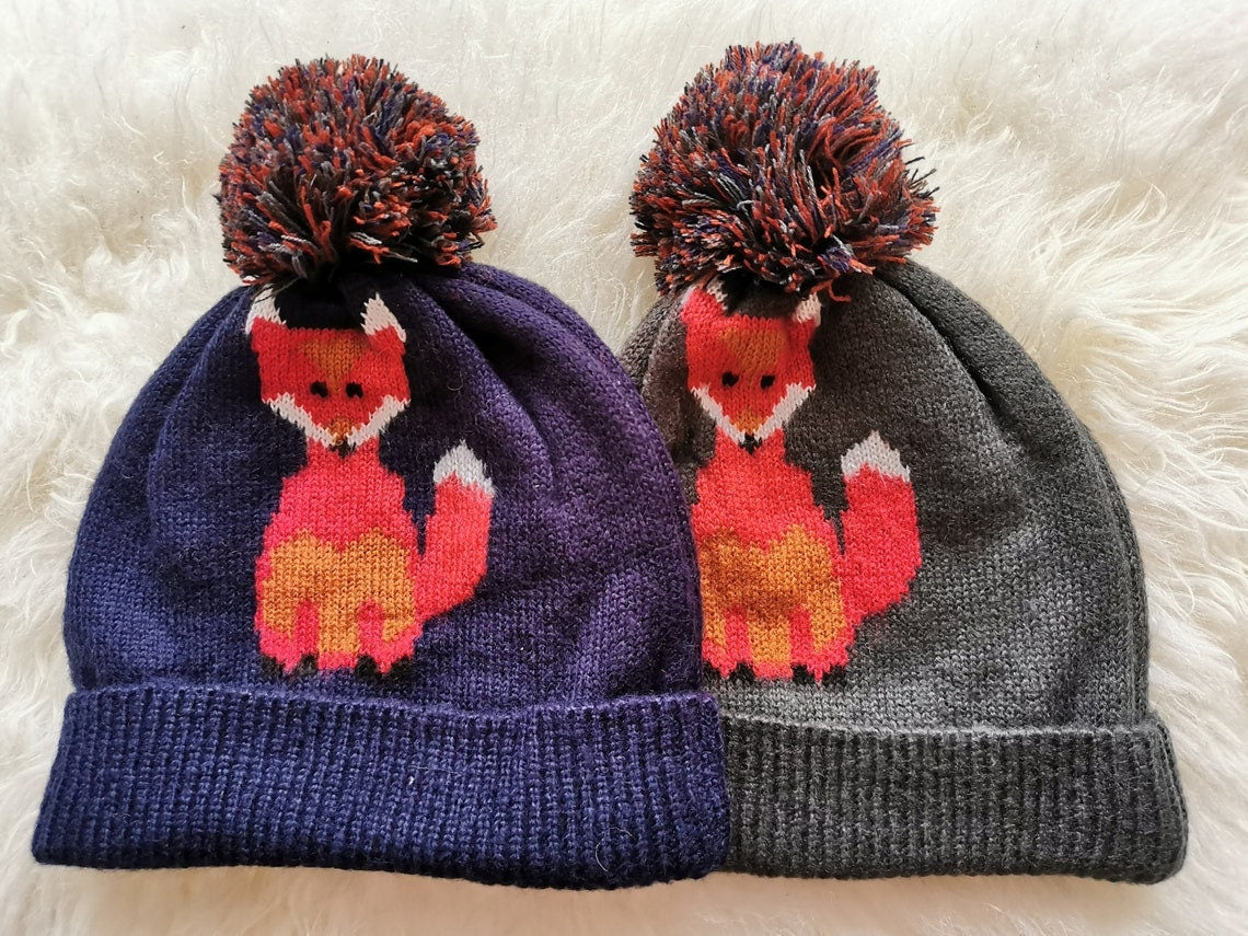Cosy and Cute: Blue Animal Fox Knitted Beanie Bobble Hat