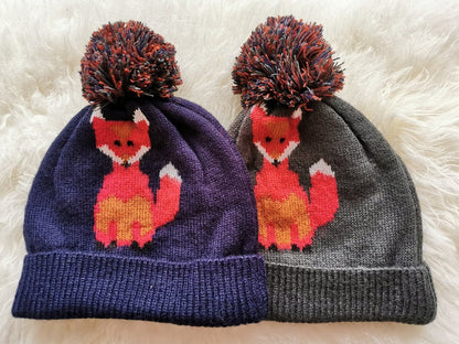 Cosy and Cute: Blue Animal Fox Knitted Beanie Bobble Hat